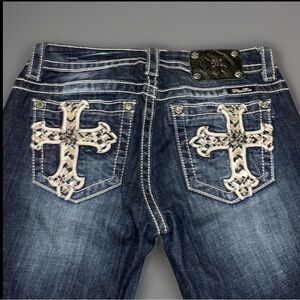 MISS ME Dark Wash Denim Straight Leg W/Mid-Rise Leather Animal Print Cross Jeans